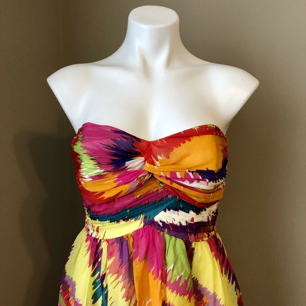 Shoshanna Strapless Dress Silk Multicolor Lined Boned Bodice Back Zip Si…